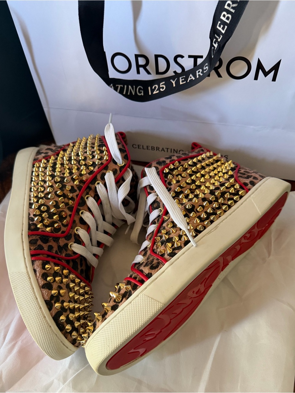 $3,000 Christian Louboutin Men’s Leopard SPIKES ORLATO High-Top Sneakers 8.5